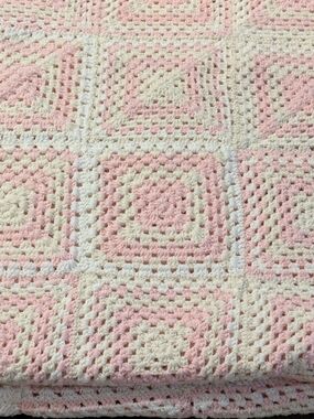 Vintage Hand Made (King Size) Pink Creme And White Crochet Blanket